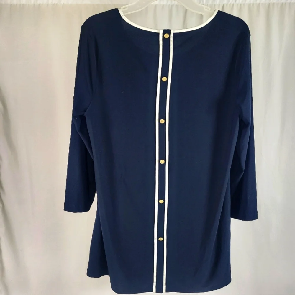 Anne Klein Navy Blue Tunic Top Women’s Medium Long Sleeve Scoop Neck Blouse - Picture 2 of 14